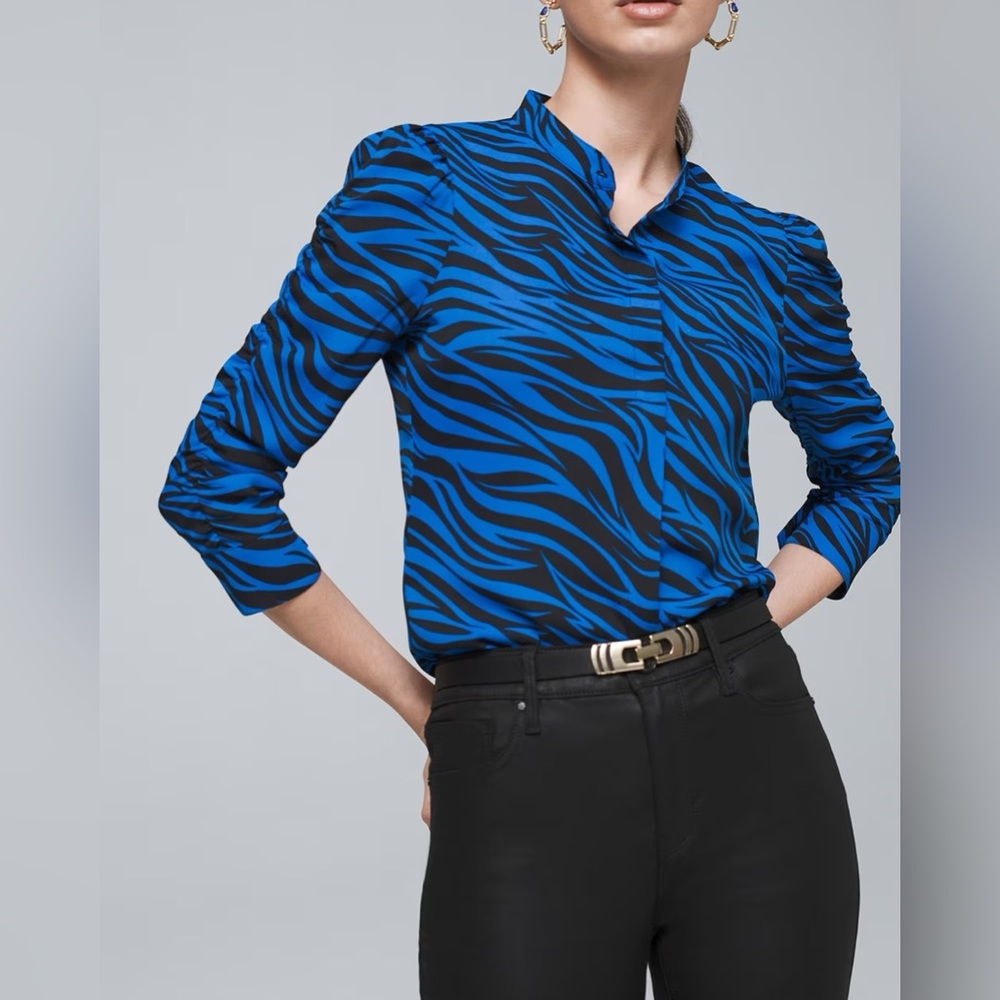 WHBM Zebra-Print Rouched-sleeve Blouse